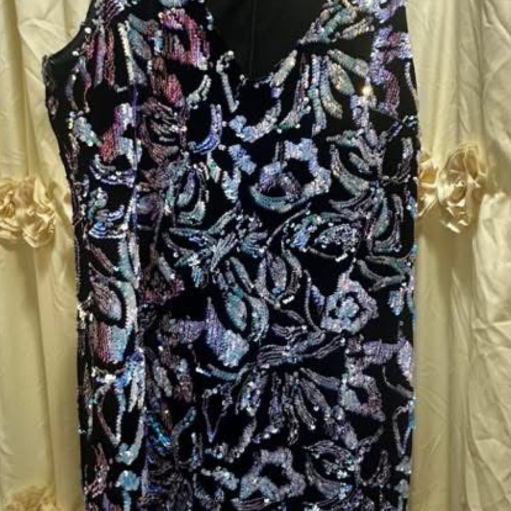 Black Strapless Sequin Dress with Iridescent Accents beautiful made